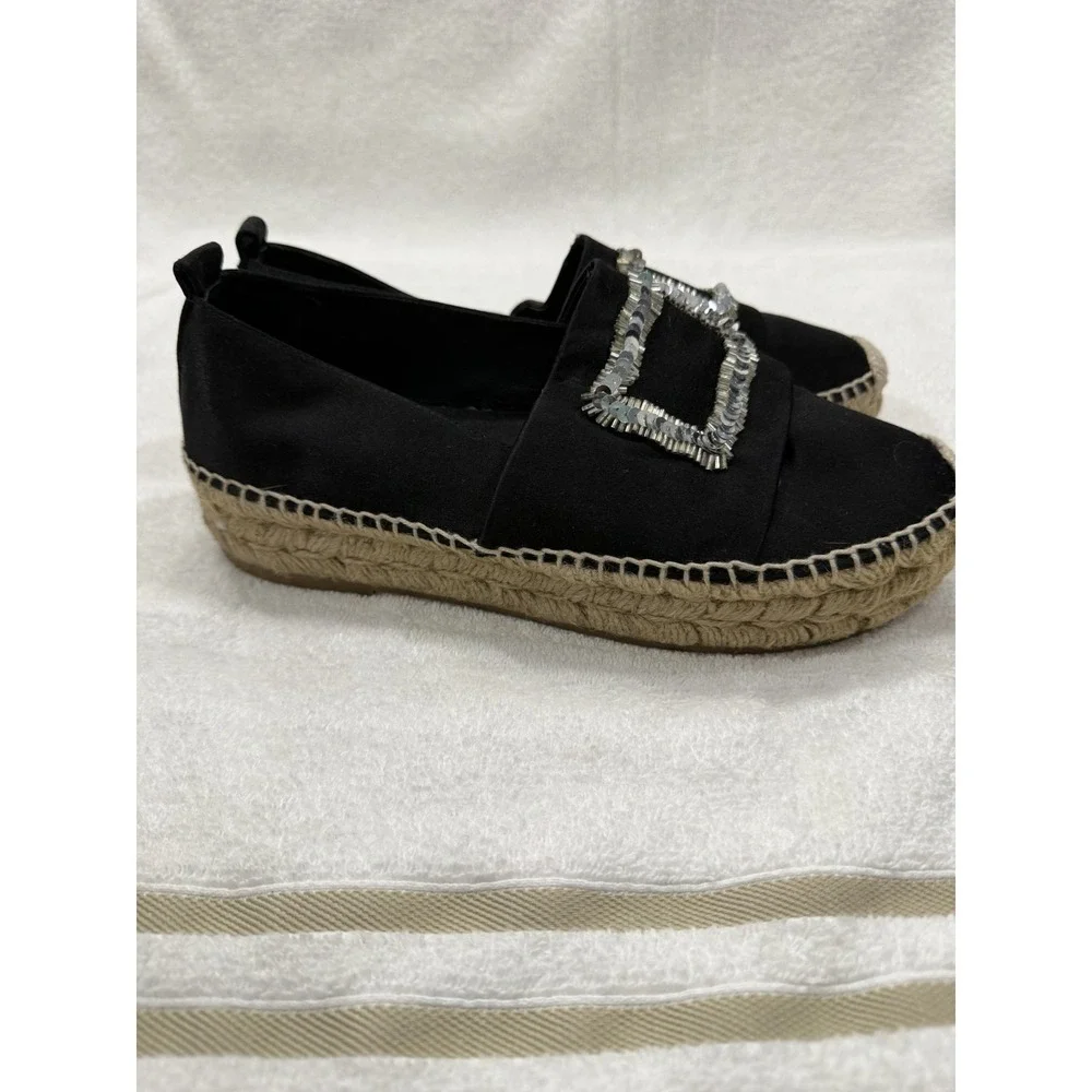 Authentic Roger Vivier Paris Black Satin Espadrilles Crystal Buckle Flats US 7